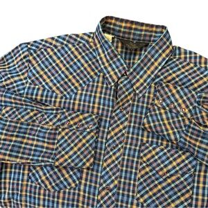 Vintage 70’s Sears Western Pearl Snap Shirt Blue Plaid Silver Cowboy XL/17-17.5